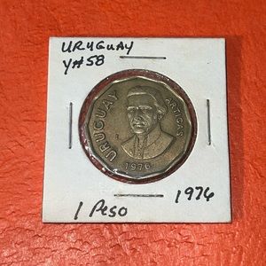 This is a 1 Nuevo Peso aluminum-bronze coin minted for use in Uruguay in 1976.